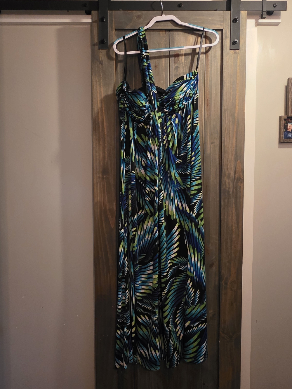 Bisou Bisou One-Shoulder Maxi Jumpsuit in Blue and Green Abstract Print